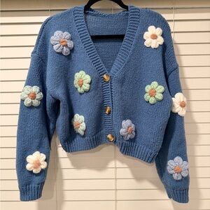 Cider Blue V-Neck Daisy Appliqué Cardigan Sweater